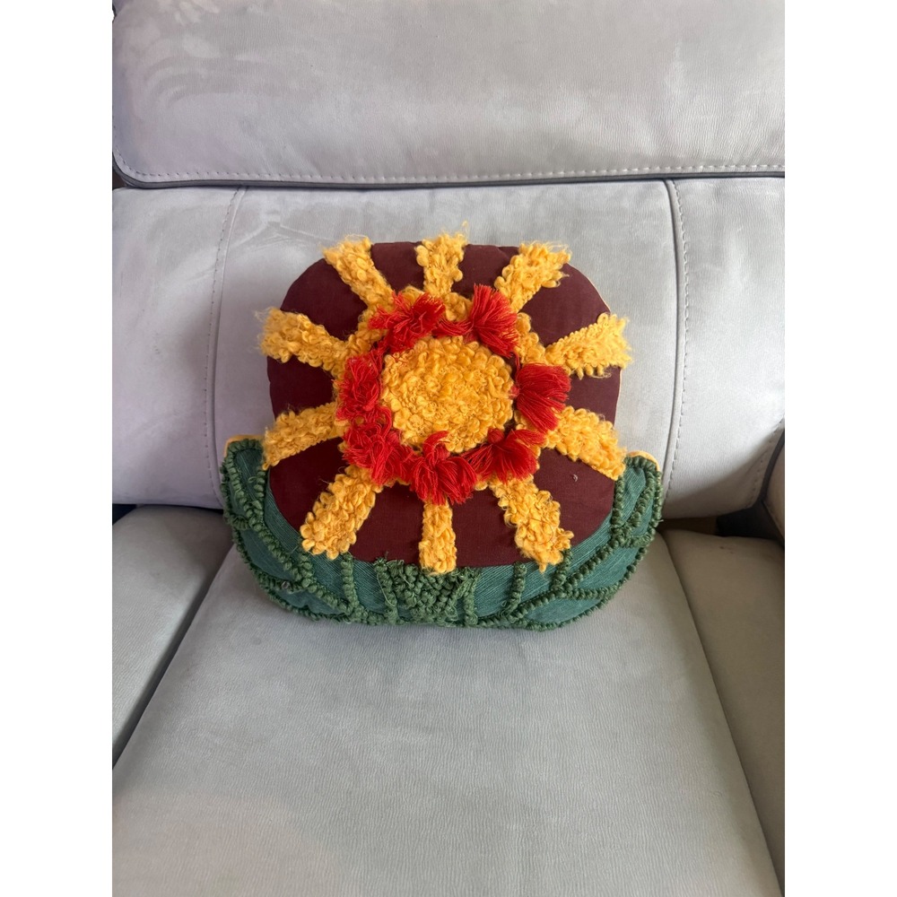 Vintage Tufted Sunburst Throw Pillow Boho Textured Sun Garden Accent Cushion